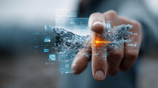 Interacting with augmented reality digital interface in a futuristic workspace with glowing data