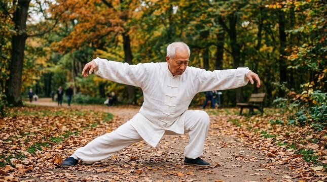 Elderly man performing Tai Chi exercise chinese do taichi outside