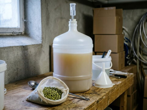 Dry-hopping a home beer fermenter with pellet hops, mesh hop bag, and a plastic funnel beside a bucket, cool cellar light, honest craft-brew atmosphere, tactile and specific.