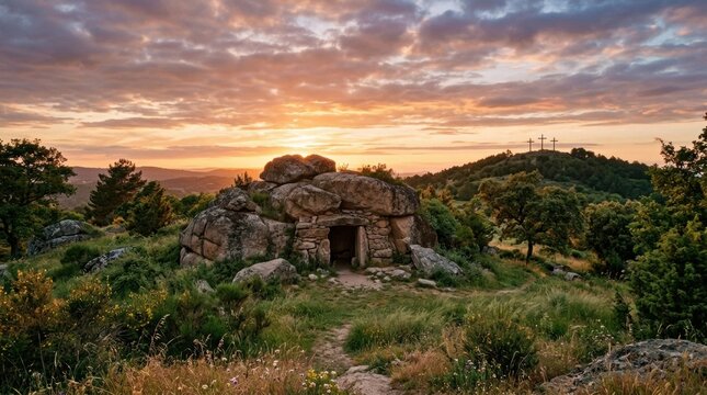 Large rock formation small cave center Empty tomb of Jesus Christ with glowing light inside