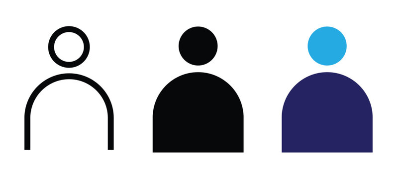 Three simple user profile icons in outline, solid black, and colored variations, representing people or accounts.