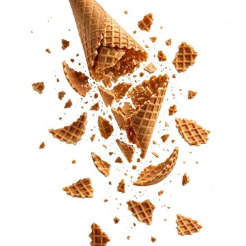 Broken Ice Cream Cone Exploding Waffle Pieces White Background.