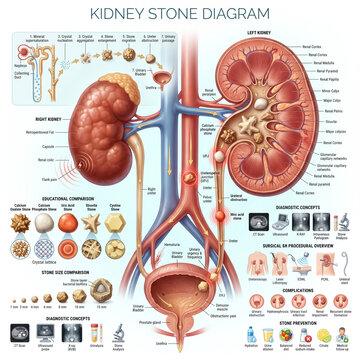 Detailed medical illustration showing the anatomy of kidney stones including formation stages diagnostic methods and various surgical treatment options overview
