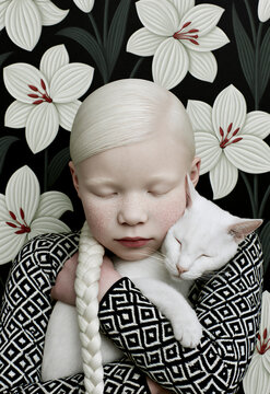 Moment of bliss with young albino girl with long braid embracing her white cat in a loving hug, eyes closed in a serene, touching and tender scene against dark floral wallpaper with large white lilies