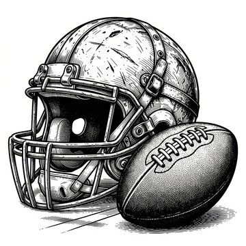 An American football helmet and football arranged in a dynamic sports composition, featuring detailed protective equipment with realistic textures, bold contours, and classic athletic styling. 