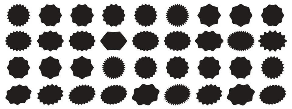sunburst and starburst sticker shapes collection, Vibrant rounded zigzag badges, spiky circles and sunburst price tags, discount and sale labels, special offer promo tags and geometric seals