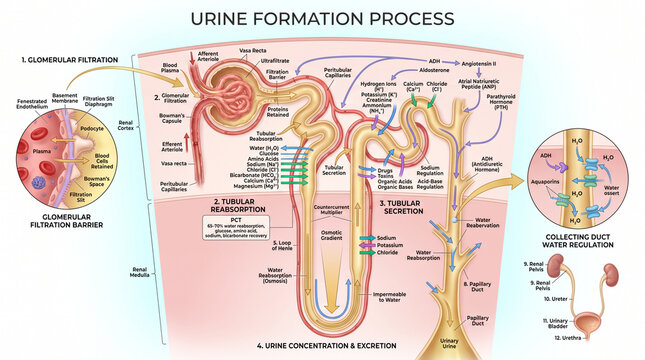Detailed medical illustration showing the complex human nephron anatomy and the physiological process of urine formation within kidney tissue structures