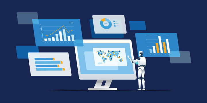 Artificial Intelligence Business Analytics Dashboard conceppt. automation data visualization concept robot working with monitor