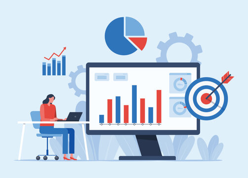 Business Performance Dashboard and KPI Analytics with business women working. Flat Vector Illustration