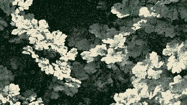 Abstract botanical seamless repeat pattern packed with dense clustered foliage with halftone dot texture, two-color palette dark forest green shadow backdrop and pale cream highlighted leaf surfaces, 