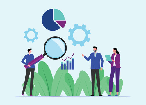 Business Data Analysis team and working Performance Analytics concept. Flat Vector Illustration design