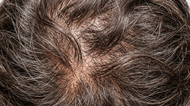 Closeup of a mans head showing thinning hair and visible scalp indicating early stages of male pattern baldness or hair loss