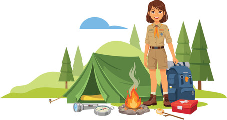 Girl scout camping near tent with campfire and outdoor equipment © Hossain
