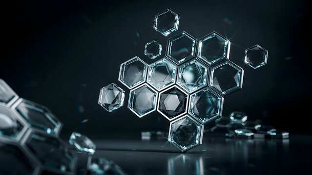 Crystal hexagonal tiles assembling in mid-air &ndash; Perfect for luxury interior tiles, creative agency websites, or abstract architecture.