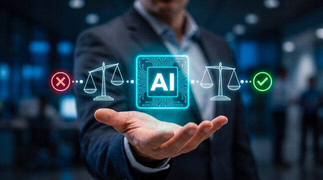 Professional holding AI verification symbol with balanced justice scales and approval indicators