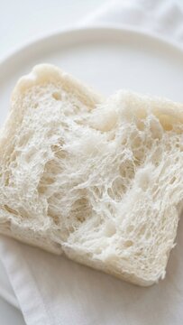 Fresh white milk bread slice torn open on plate showing soft fibrous interior texture macro