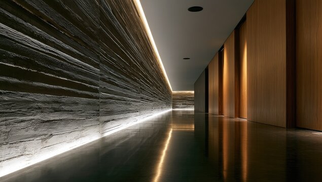 Contemporary corridor with textured stone, polished floor, and warm wood
