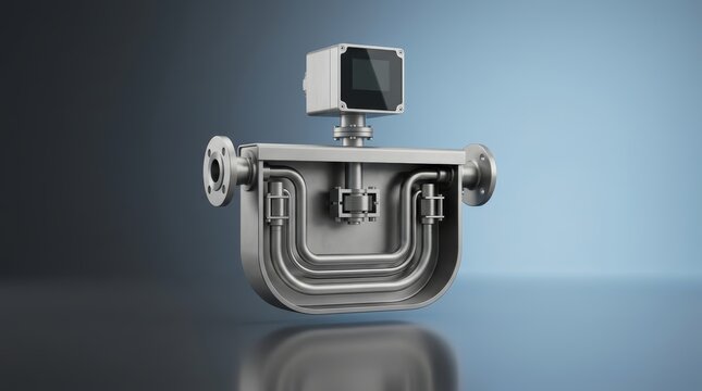 Coriolis flow meter 3D render, mass flow measurement system, industrial pipeline sensor, precision fluid meter, process control equipment, flow analysis instrument