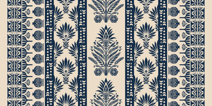 Vintage Botanical Border Pattern Seamless Navy Blue Cream Greek Neoclassical Floral Stripe Design Palmette Acanthus Damask for Fabric Wallpaper Textile Home Decor Digital Print