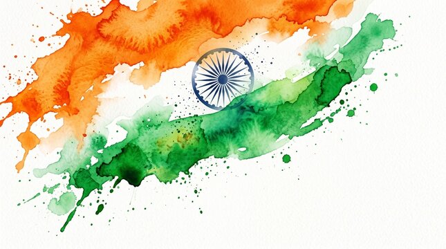 Artistic dynamic background featuring the colors of the Indian flag rendered in flowing horizontal watercolor textures with distinct saffron orange and emerald green splashes framing the Navy blue Ash