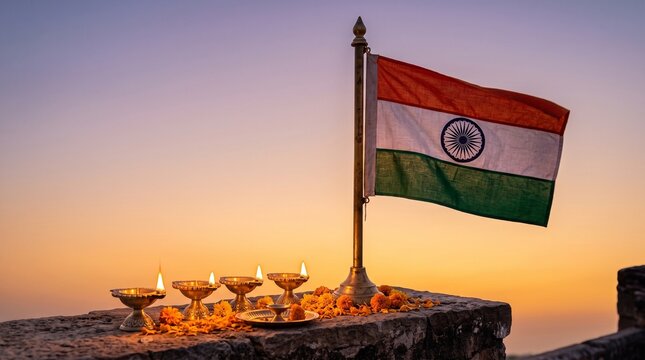 The national flag of India waving proudly on a metal flagpole at sunset or sunrise with traditional oil lamps or clay diyas glowing softly in the foreground on a stone wall