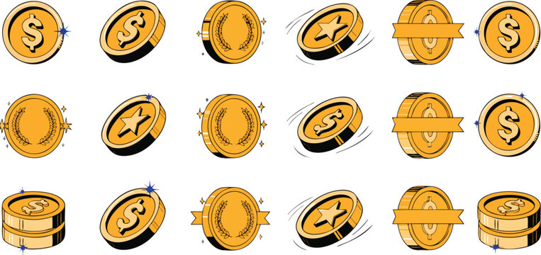 Golden coins with dollar signs and stars rotating and flying