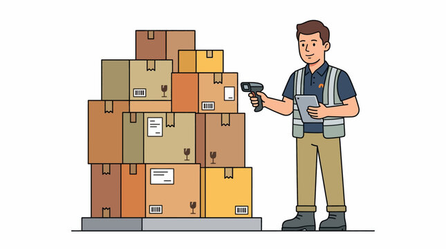 Warehouse worker inspects stacked shipping boxes using a handheld device for inventory management.
