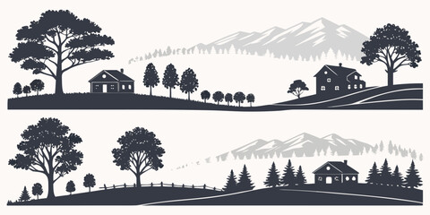 Black and white rural landscape silhouettes with houses, trees, and mountains cottage © Gf