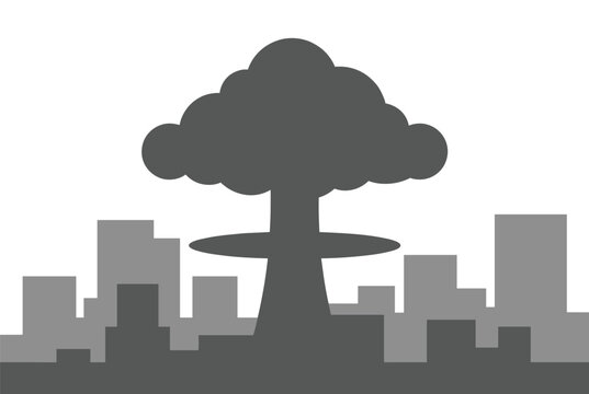 Nuclear explosion mushroom cloud rising behind a metropolitan city skyline in a dramatic silhouette illustration.