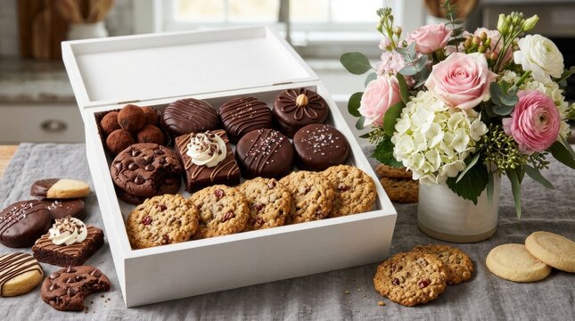 White rectangular box filled six different customised gift hamper for the festive season. Assorted consisting
