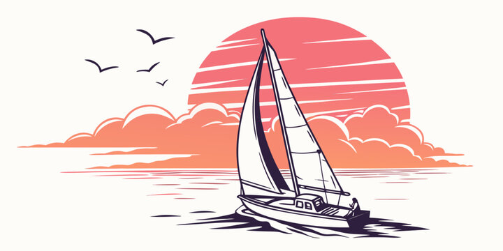 Sailing boat on ocean at sunset, silhouetted against vibrant orange and pink sky orange sky