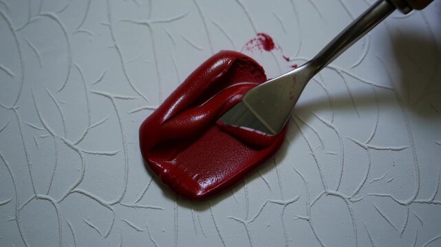 Artist using palette knife to spread red oil paint on textured white canvas. Creative process of fine art painting. Painting technique with thick impasto medium.