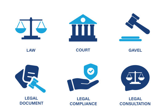 Collection of icons for law design such as scales of justice, court, gavel, legal document, legal compliance, legal consultation. Solid vector icon set.