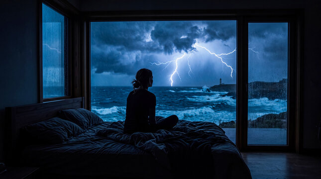 Silhouette of a person sitting on bed watching stormy ocean with lightning through large windows