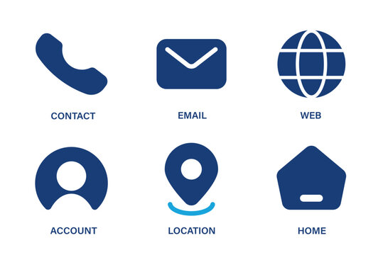 Collection of icons for contact design such as call, email, web, account, location, home. Solid vector icon set.