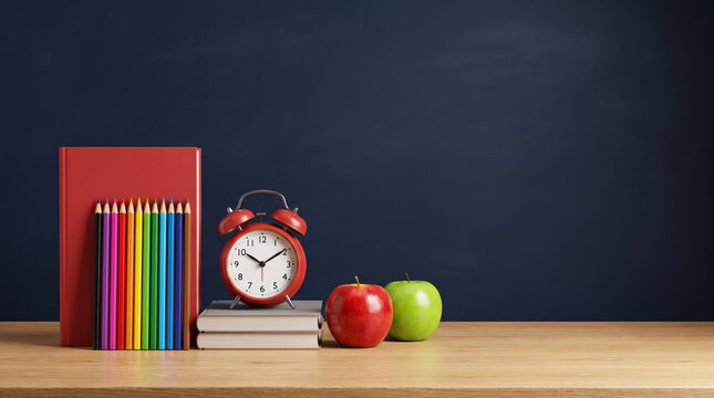 Student workspace colorful background with red book alarm clock pencil and apple fruit playful mood. Back school education. study learning, colourful desk stationery