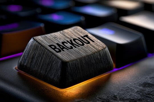 Backout command key illuminated on mechanical keyboard with neon rgb lighting in macro shot for software engineering and cybersecurity marketing