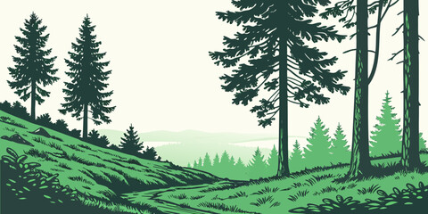 Lush evergreen forest valley with tall pine trees, green foliage, and rolling hills in a serene landscape © Gf