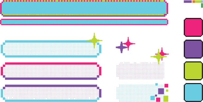 Pixel art retro interface game banners and digital buttons set