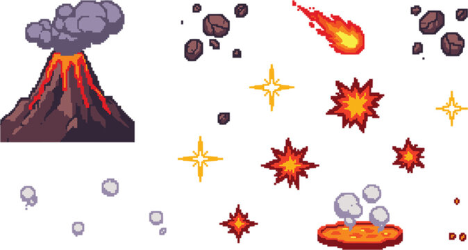 Pixel art volcano eruption game elements and lava animation set
