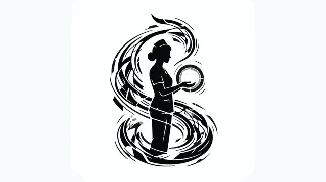 black silhouette woman holding crystal ball swirling lines