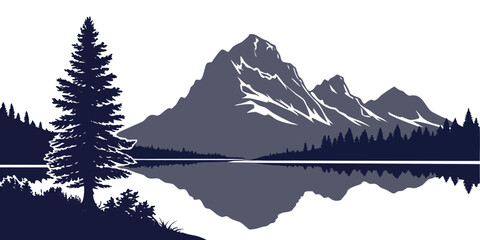 Serene black and white mountain landscape with lake reflection silhouette © Gf