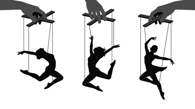 Minimalist black vector illustration showing three dancing puppets controlled by large hands from above frame