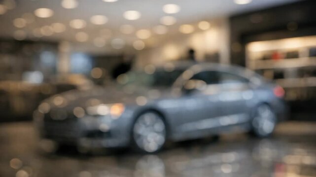 Blurry showroom with a silver sedan. Glass floor reflects vehicle's silhouette. Circular lights create soft bokeh effects. Dark figure stands near the car. Interior space feels spacious and clean