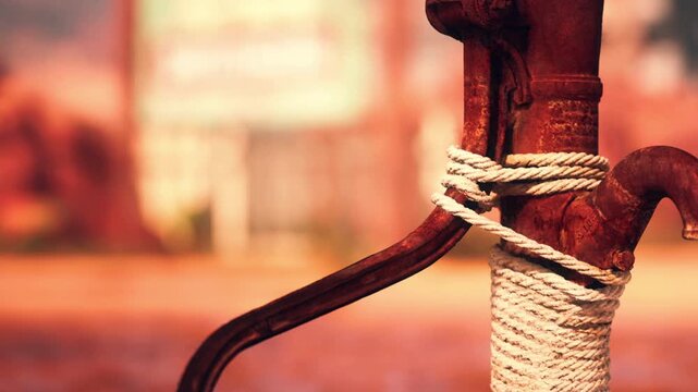 A rusty water pump stands in an outdoor setting. The pump has a rope tied neatly around its body. The background shows hints of old buildings. The scene captures the essence of rural life.