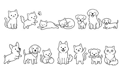 Fototapeta premium Cute Puppy and Kitten Collection with Different Sitting Standing Sleeping and Playing Cartoon Vector Illustrations
