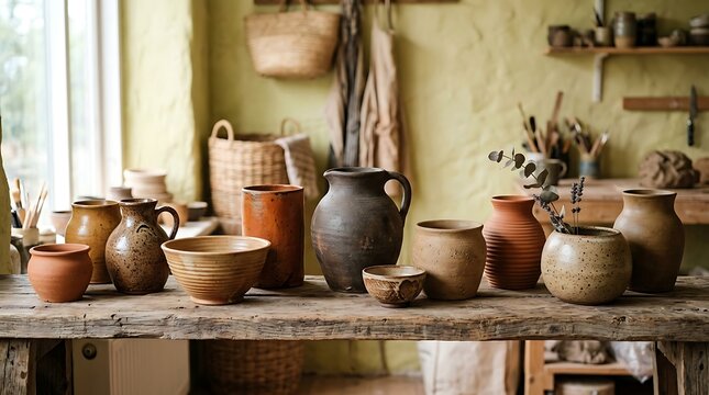 Rustic handmade ceramic pottery collection on a wooden workbench in a sunny artisan studio workshop