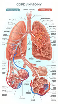 Detailed medical diagram showing the anatomy of human lungs comparing healthy tissue with damaged structures affected by chronic pulmonary disease