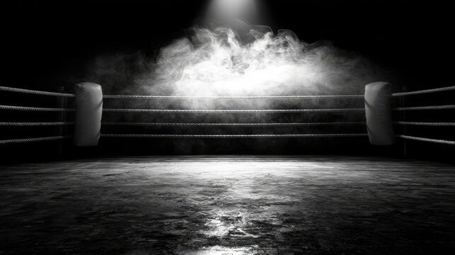 Dark boxing ring with dramatic spotlight and wispy smoke