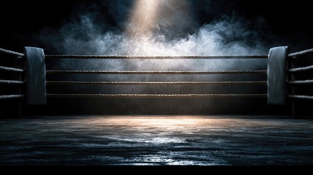 Empty boxing ring illuminated by dramatic spotlight, shrouded in smoke